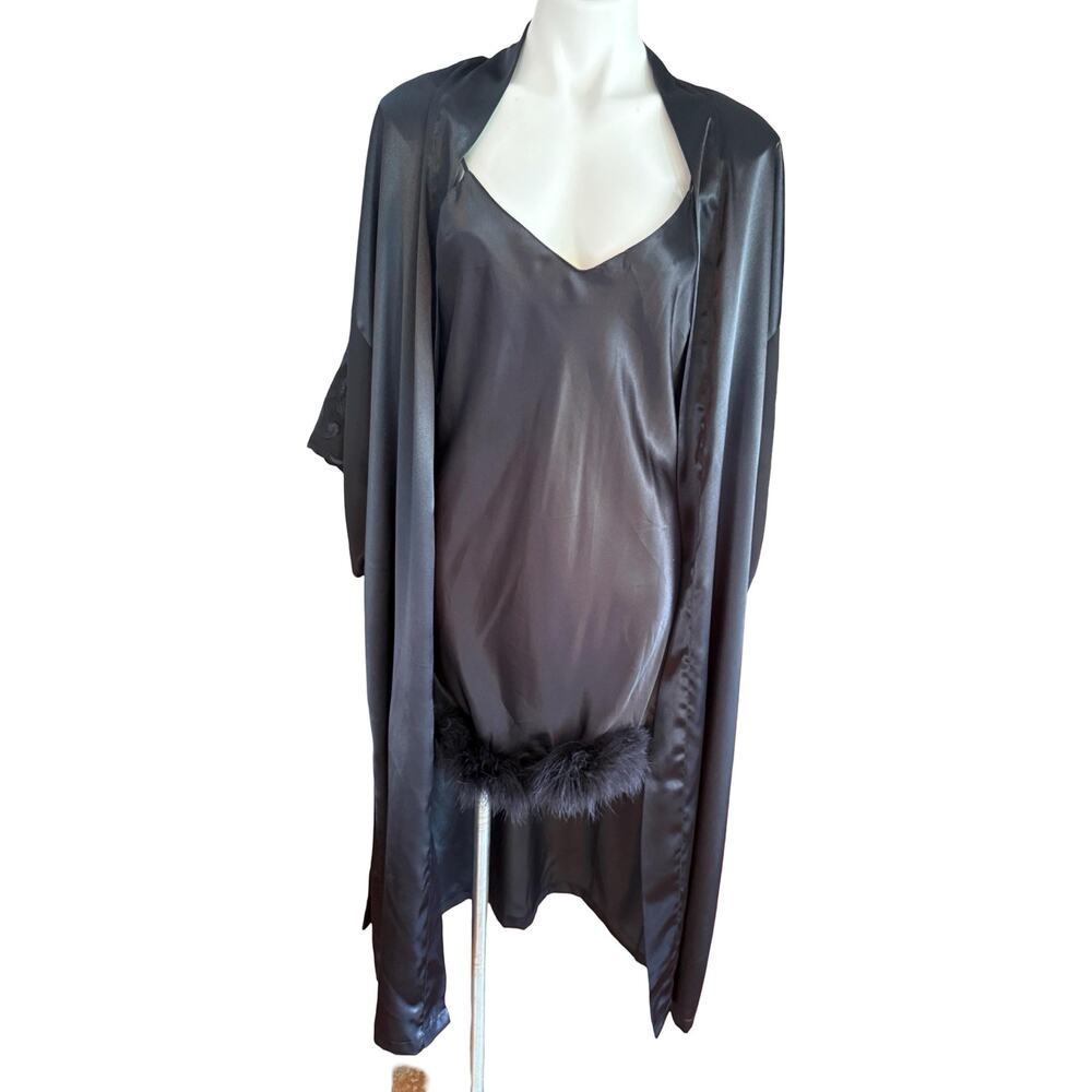 Vintage Val Mode 1980s Black Satin Marabou Feather Gown and Robe Set Medium - Picture 9 of 15